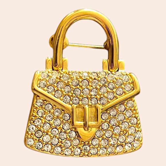 Napier Jewelry - Vintage Napier Crystal Rhinestone Purse Handbag Pin Brooch Gold Tones